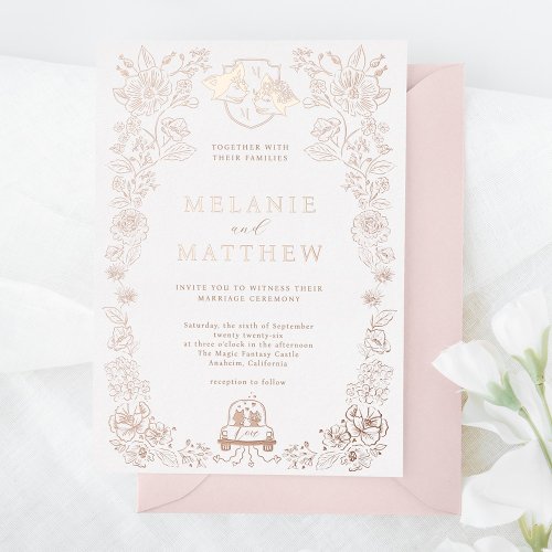 Elegant Woodland Fox Floral Sketch Fairytale Invit Foil Invitation