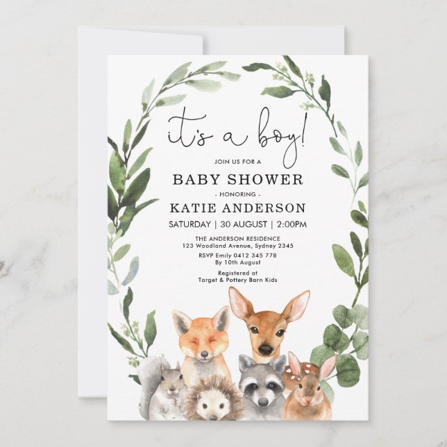 Elegant Woodland Greenery Animals Baby Shower Invitation (Front)