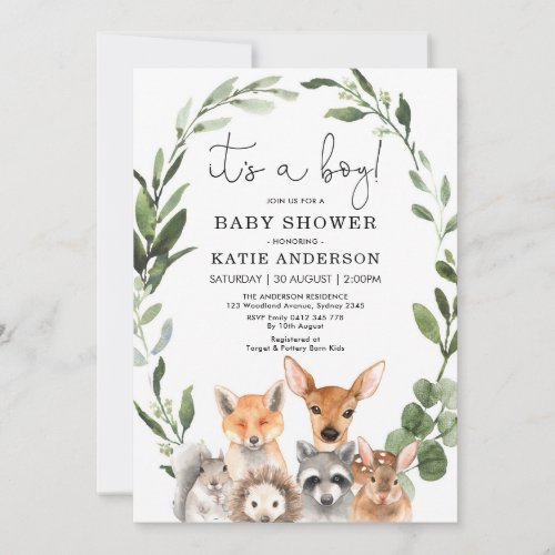 Elegant Woodland Greenery Animals Baby Shower Invitation