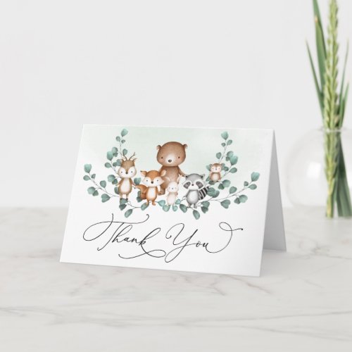 Elegant Woodland Greenery Baby Animals Thank You Card