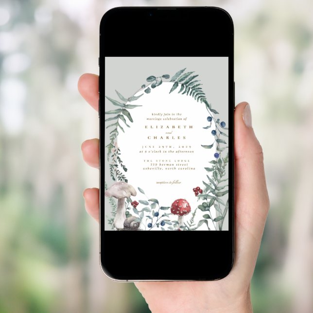 Elegant Woodland Mushroom Fern Wedding Invitation (Front Digital)