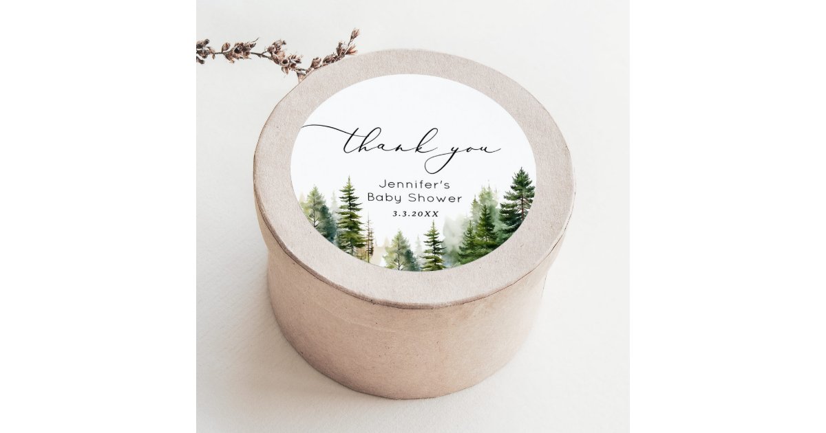 Elegant woodland pine trees baby shower thank you classic round sticker ...