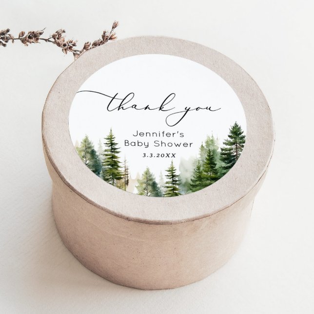 Elegant woodland pine trees baby shower thank you classic round sticker (Creator Uploaded)