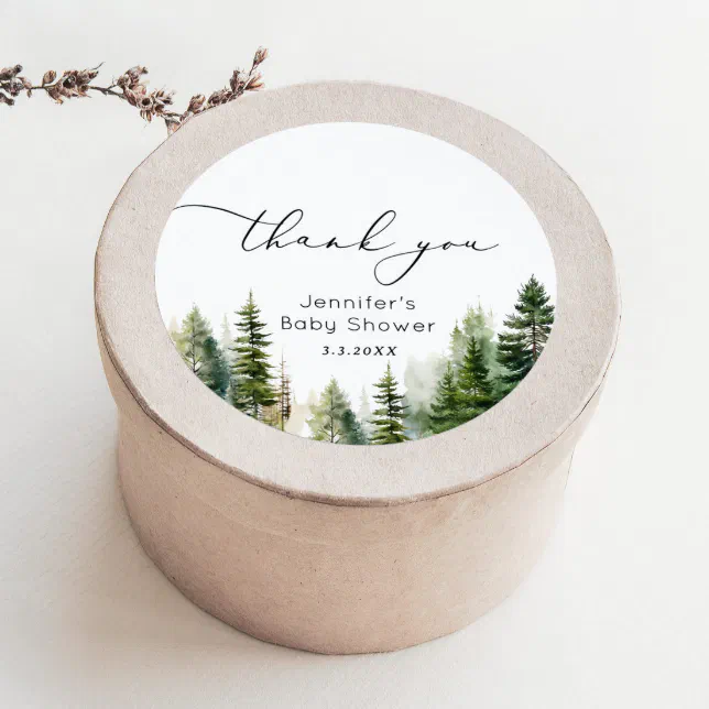 Elegant woodland pine trees baby shower thank you classic round sticker ...