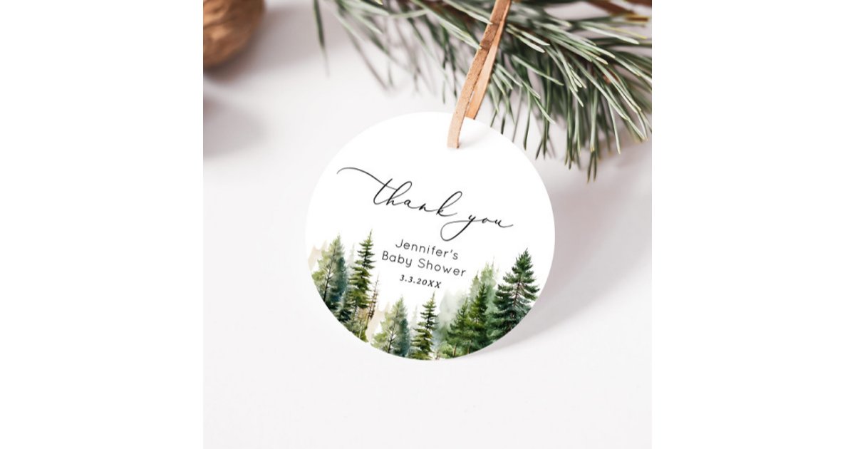 Elegant woodland pine trees baby shower thank you favor tags | Zazzle