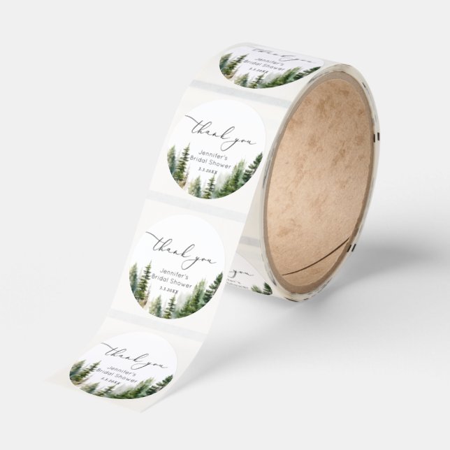 Elegant woodland pine trees bridal thank you classic round sticker (Roll)