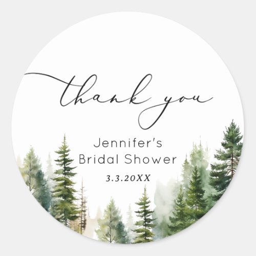 Elegant woodland pine trees bridal thank you classic round sticker