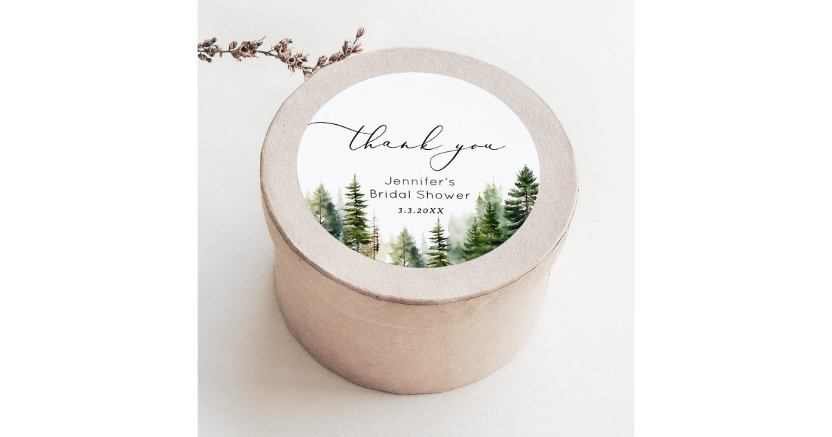 Elegant woodland pine trees bridal thank you classic round sticker | Zazzle