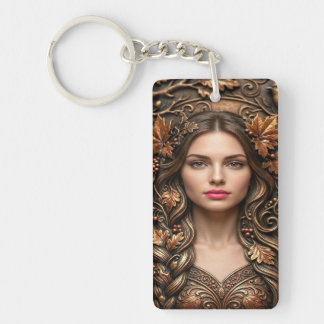 Elegant Woodland Portrait in Embossed Bronze Art Keychain