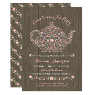 Elegant Woodland Teapot Baby Girl Shower Invite