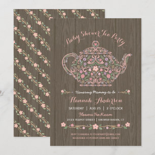 Elegant Woodland Teapot Baby Girl Shower Invite