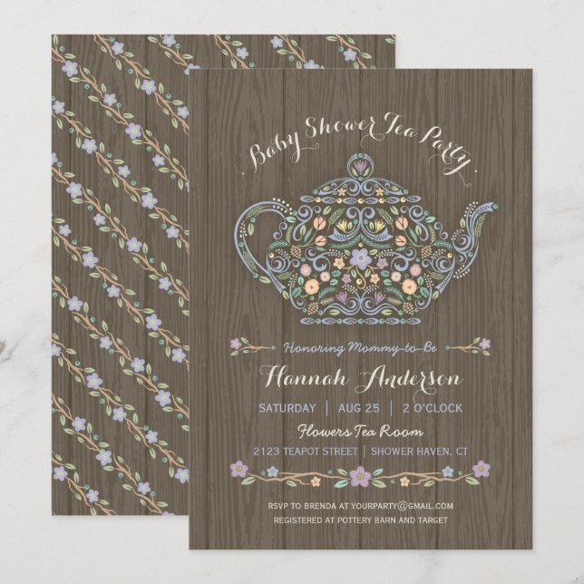 Elegant Woodland Teapot Baby Shower Invite (Front/Back)