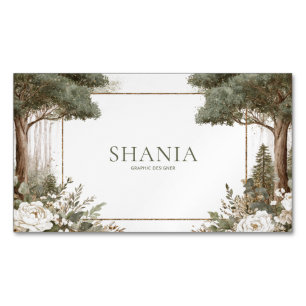 Elegant Woodland White Peony Gold Glitter Frame Business Card Magnet