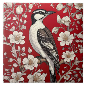 Elegant Woodpecker Floral William Morris Inspired Ceramic Tile