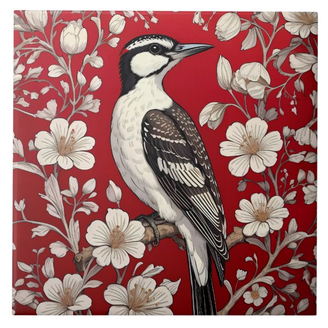 Elegant Woodpecker Floral William Morris Inspired Ceramic Tile (Front)
