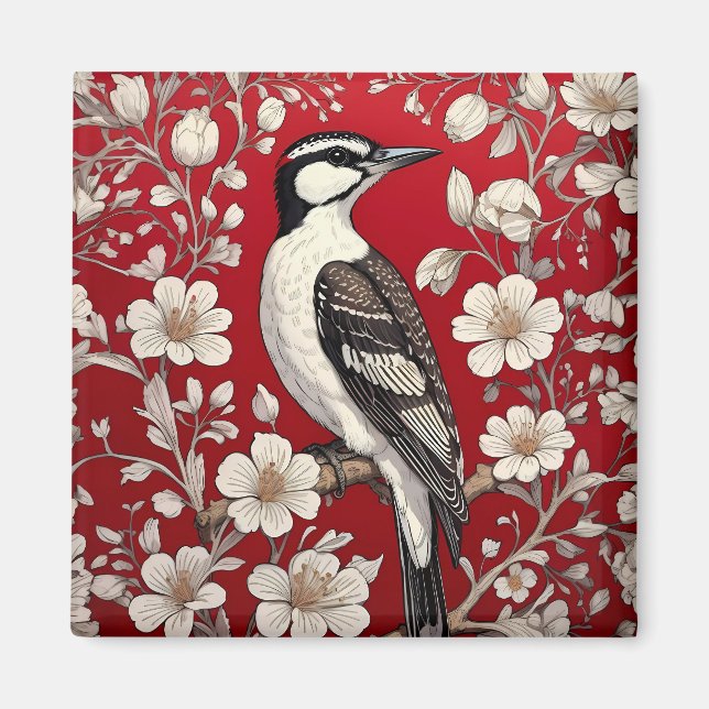 Elegant Woodpecker Floral William Morris Inspired Magnet (Front)