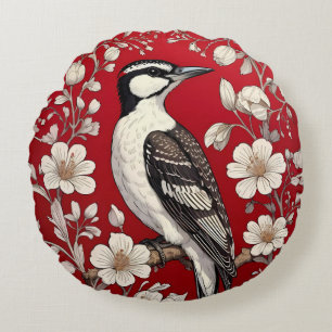 Elegant Woodpecker Floral William Morris Inspired Round Pillow