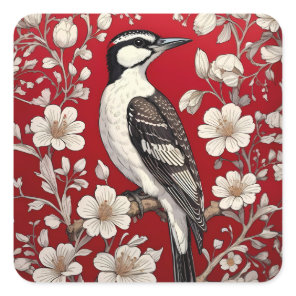 Elegant Woodpecker Floral William Morris Inspired Square Sticker