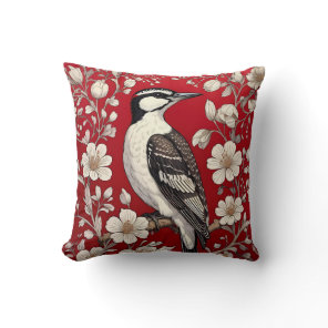 Elegant Woodpecker Floral William Morris Inspired Throw Pillow
