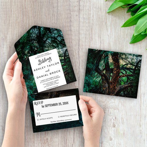 Elegant woods string of light green floral Wedding All In One Invitation