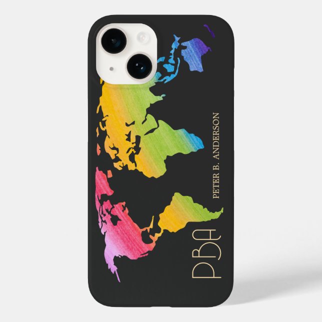 Elegant World Map Rainbow Pastel Monogrammed Name Case-Mate iPhone Case (Back)