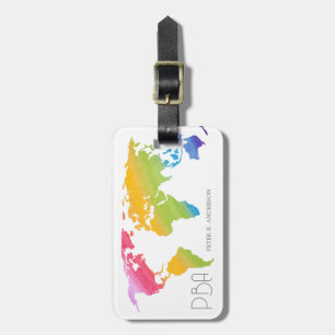 Elegant World Map Rainbow Pastel Monogrammed Name Luggage Tag