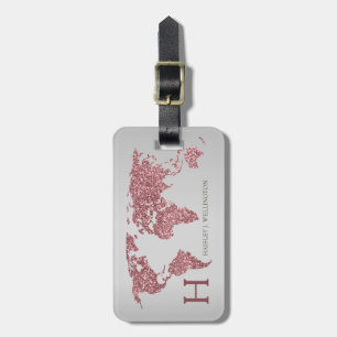 Elegant World Map Rose Gold Glitter Monogram Name Luggage Tag