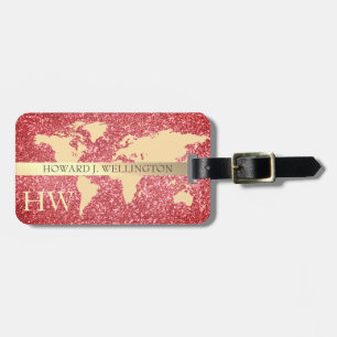 Elegant World Traveler Map Glitter monogram Name Luggage Tag