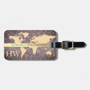 Elegant World Traveler Map Glitter monogram Name Luggage Tag