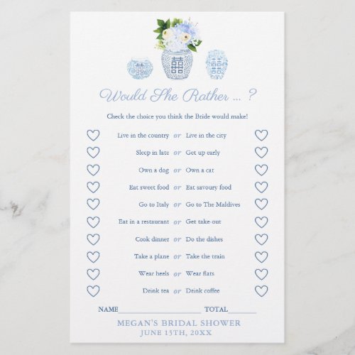 Elegant Would She Rather Bridal Shower Game Card