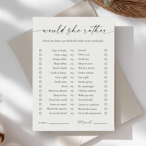 Elegant Would She Rather Bridal Shower Game Invitation