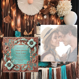 Elegant Woven Frame Copper Turquoise Wedding Invit Holiday Card