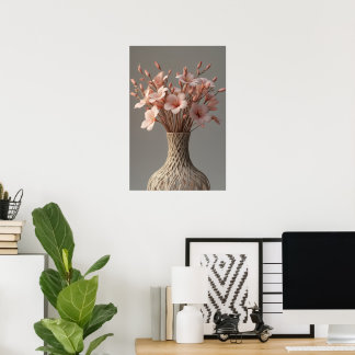Elegant Woven Vase with Soft Pink Floral Bouquet W Poster