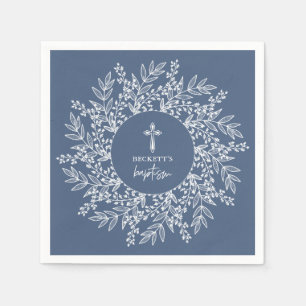 Elegant Wreath and Cross Blue Boy Baptism Napkins