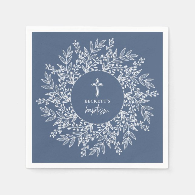 Elegant Wreath and Cross Blue Boy Baptism Napkins (Front)