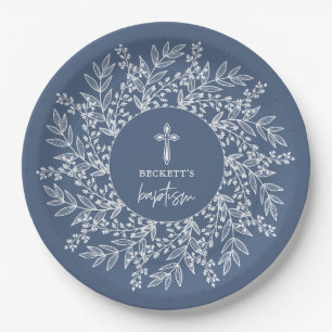 Elegant Wreath and Cross Blue Boy Baptism Paper Plates