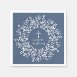 Elegant Wreath and Cross Blue Boy Christening Napkins