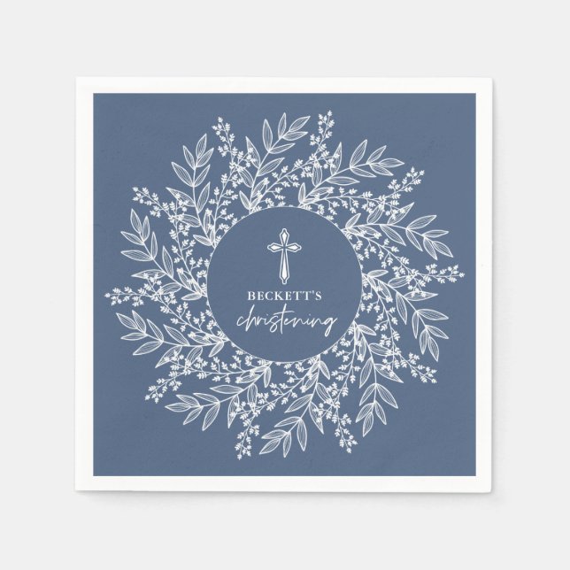 Elegant Wreath and Cross Blue Boy Christening Napkins (Front)