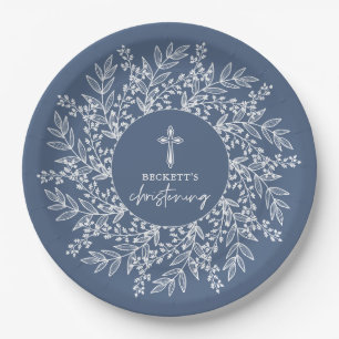 Elegant Wreath and Cross Blue Boy Christening Paper Plates