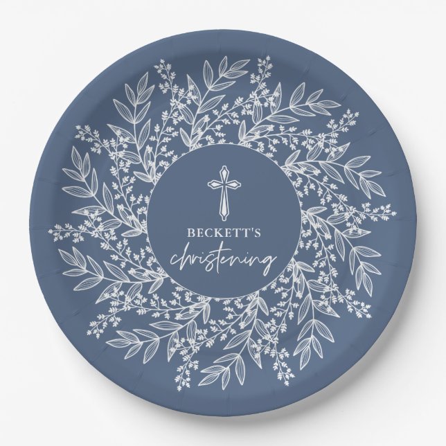 Elegant Wreath and Cross Blue Boy Christening Paper Plates (Front)