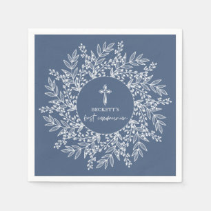 Elegant Wreath and Cross Blue Boy First Communion Napkins