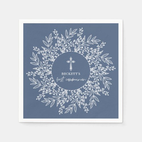 Elegant Wreath and Cross Blue Boy First Communion