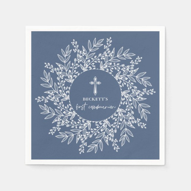 Elegant Wreath and Cross Blue Boy First Communion Napkins (Front)
