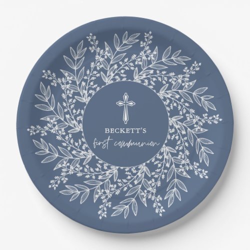 Elegant Wreath and Cross Blue Boy First Communion