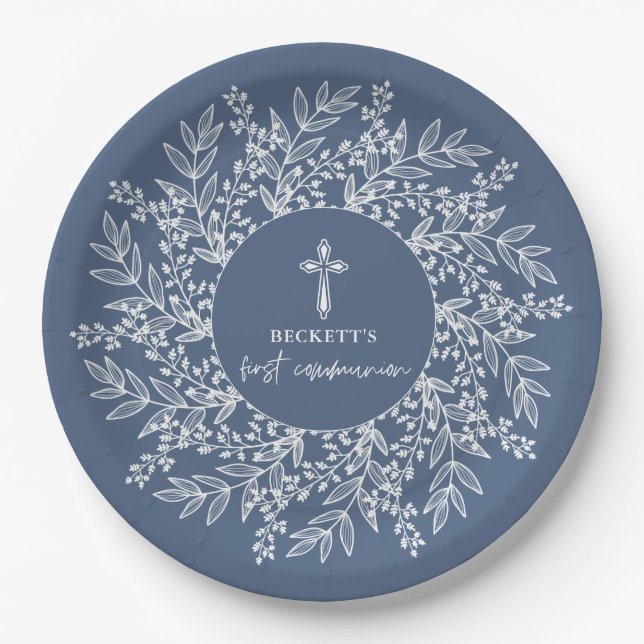 Elegant Wreath and Cross Blue Boy First Communion Paper Plates (Front)