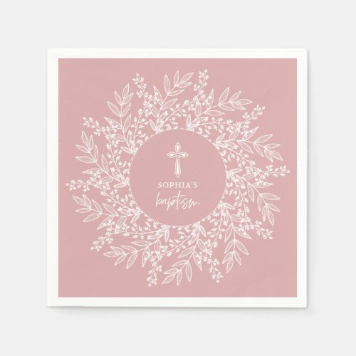Elegant Wreath and Cross Pink Girl Baptism