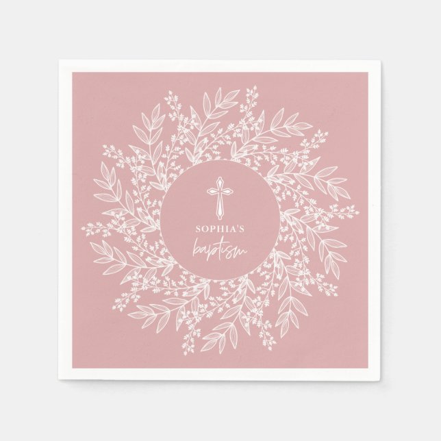 Elegant Wreath and Cross Pink Girl Baptism Napkins (Front)