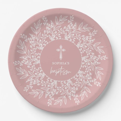 Elegant Wreath and Cross Pink Girl Baptism