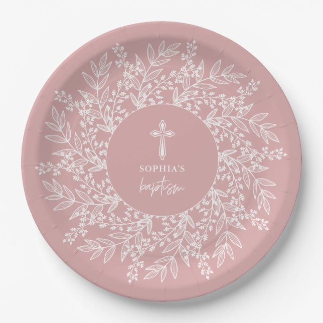Elegant Wreath and Cross Pink Girl Baptism Paper Plates (Front)