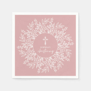 Elegant Wreath and Cross Pink Girl Christening Napkins